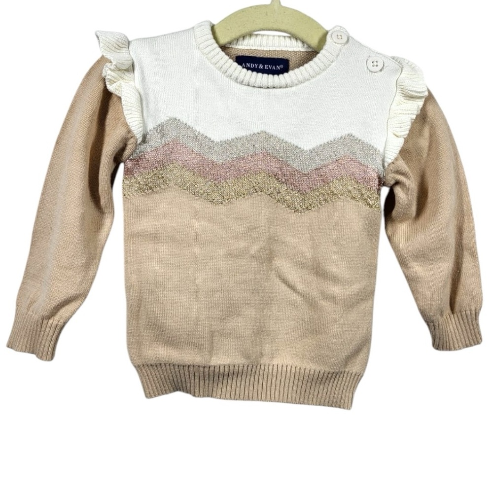 Andy & Evan Cotton Blend Chevron Glitter Ruffle Shoulder Sweater in Cream